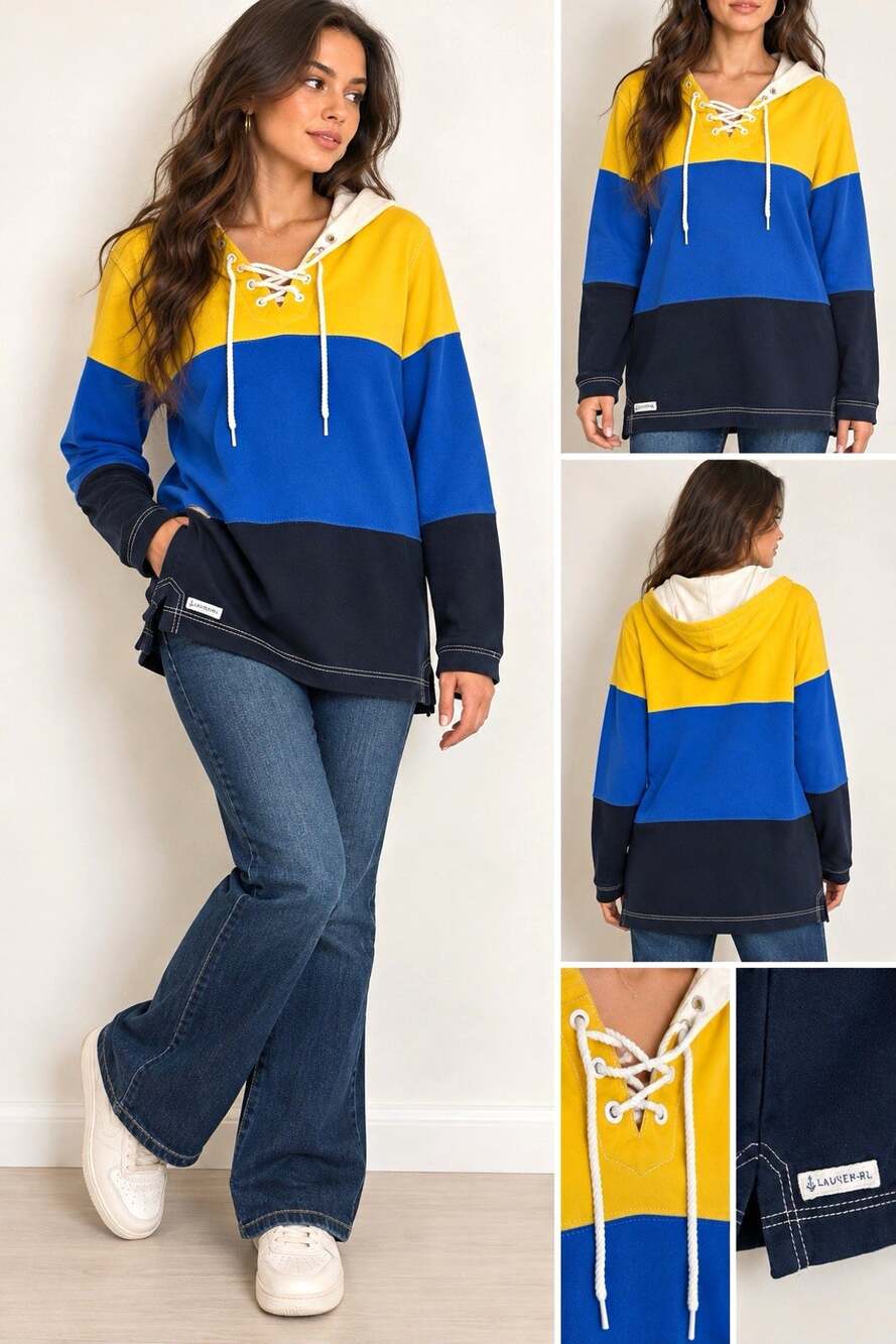 Vintage Ralph Lauren Colorblock Lace-Up Hoodie Yellow Blue Navy Y2K Size S
